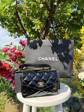 CHANEL Black Quilted Patent Crossbody with Gold Chain Strap